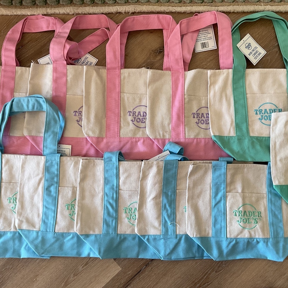 NWT Trader Joes Mini Pastel Canvas Tote Bags 3 Spring Colors Lot Of 10 pc